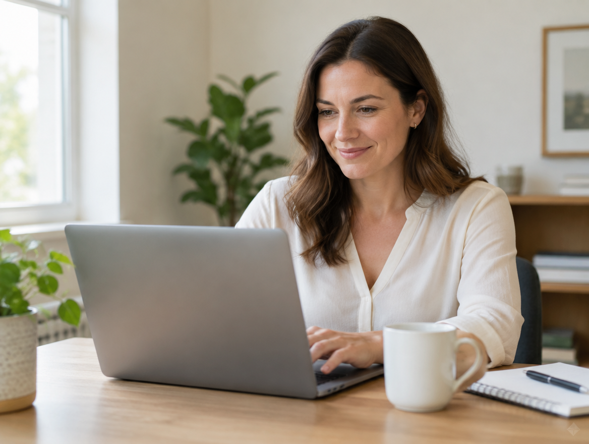 Small business owner working on her laptop in a bright office