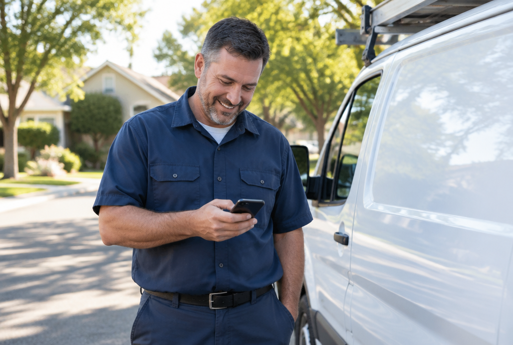 Plumber beside his van, checking his phone
